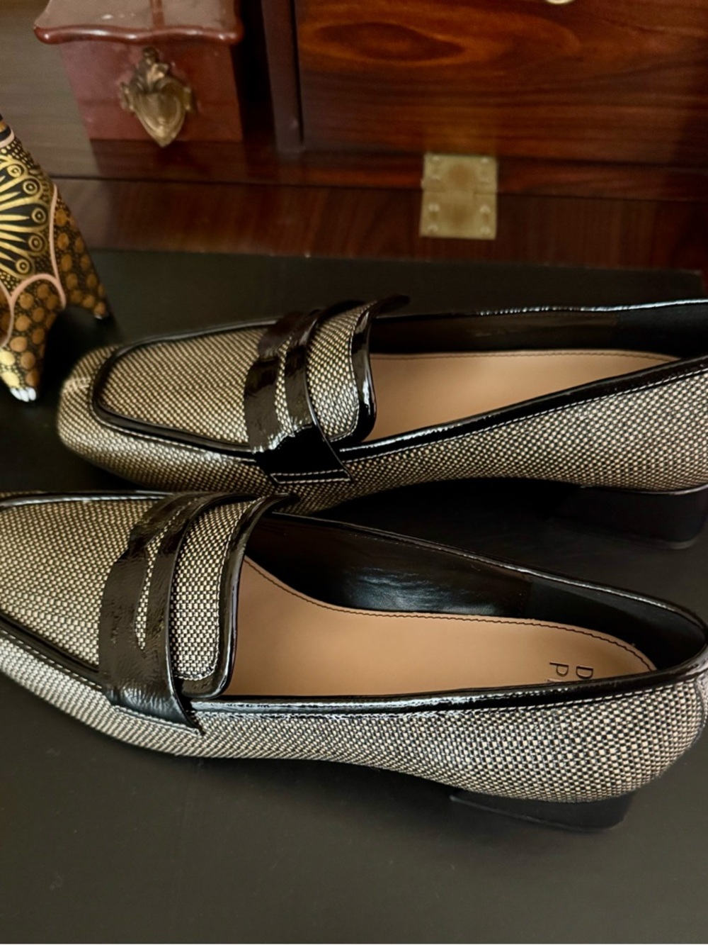 Brand New Donald Pliner Black and Beige Textured Penny Loafers